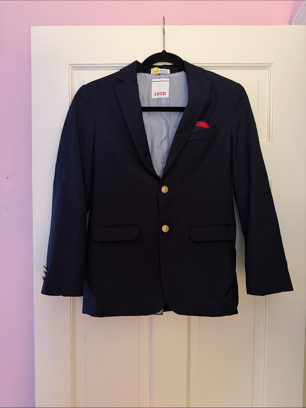 Izod Navy Sport Coat with Gold Buttons and Red Pocket Square